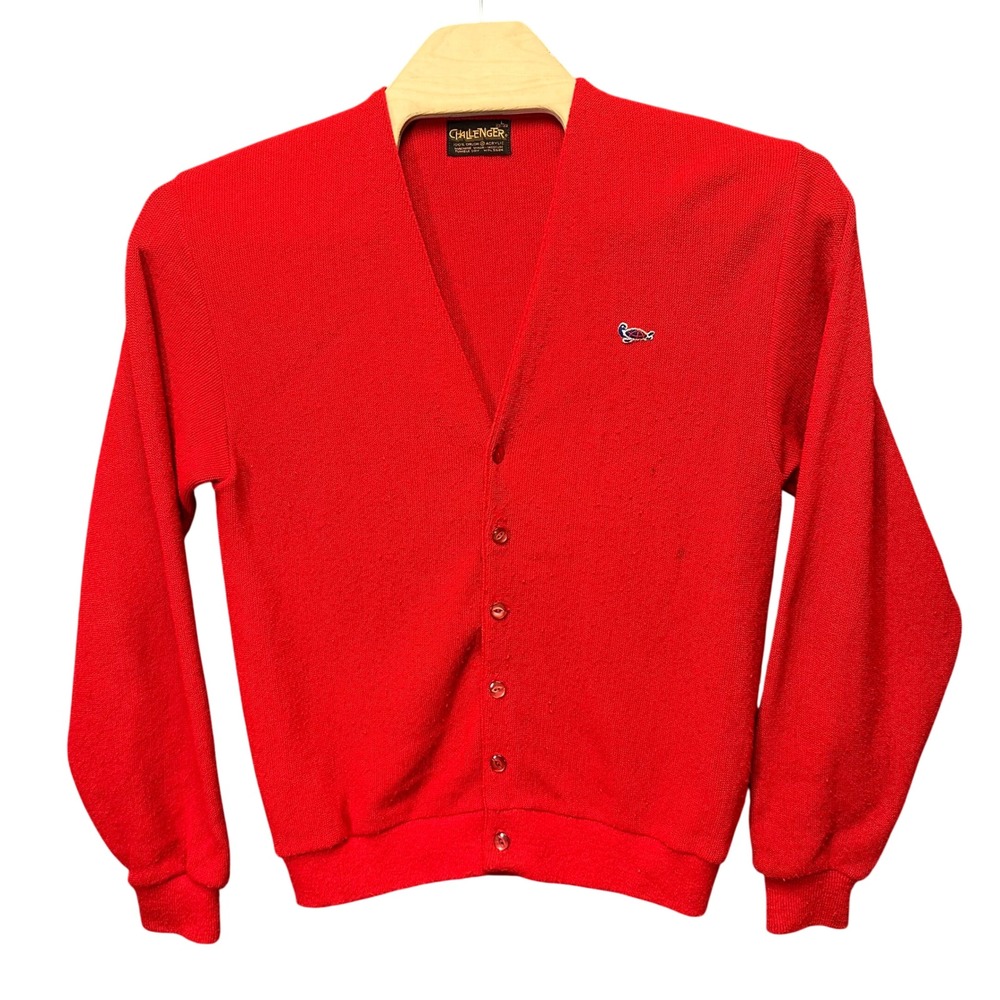 Challenger Vintage Red Cardigan Sweater Turtle Logo Orlon Acrylic Mens Large